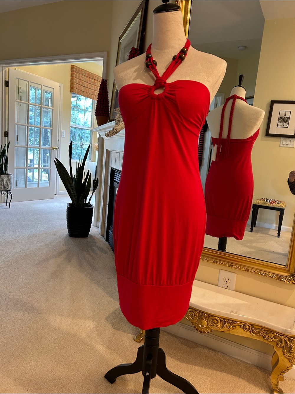 Red Halter Ring-Front Bodycon Dress